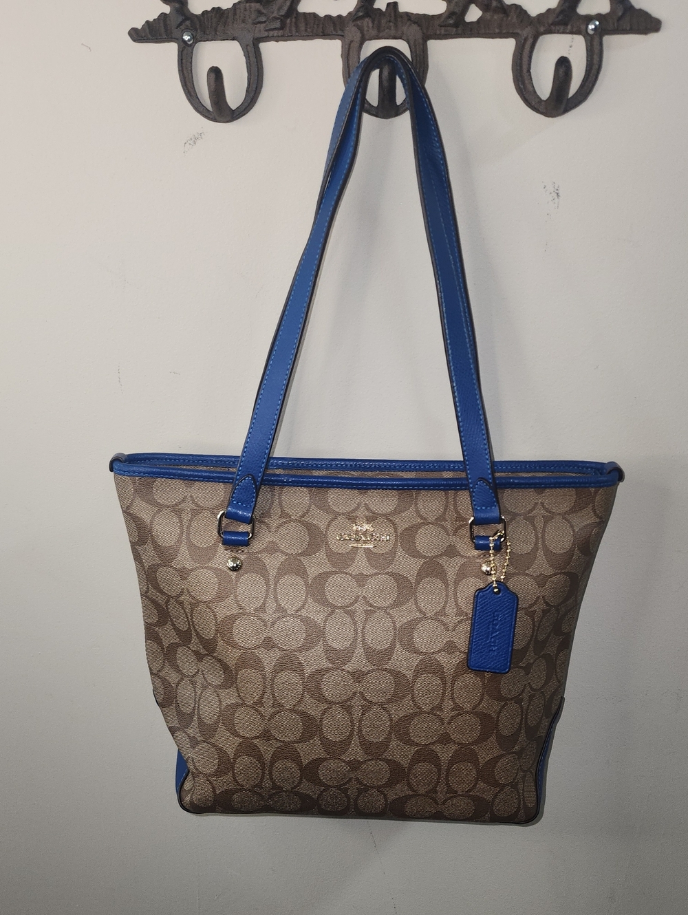 Coach Brown Signature Canvas Tote with Blue Trim